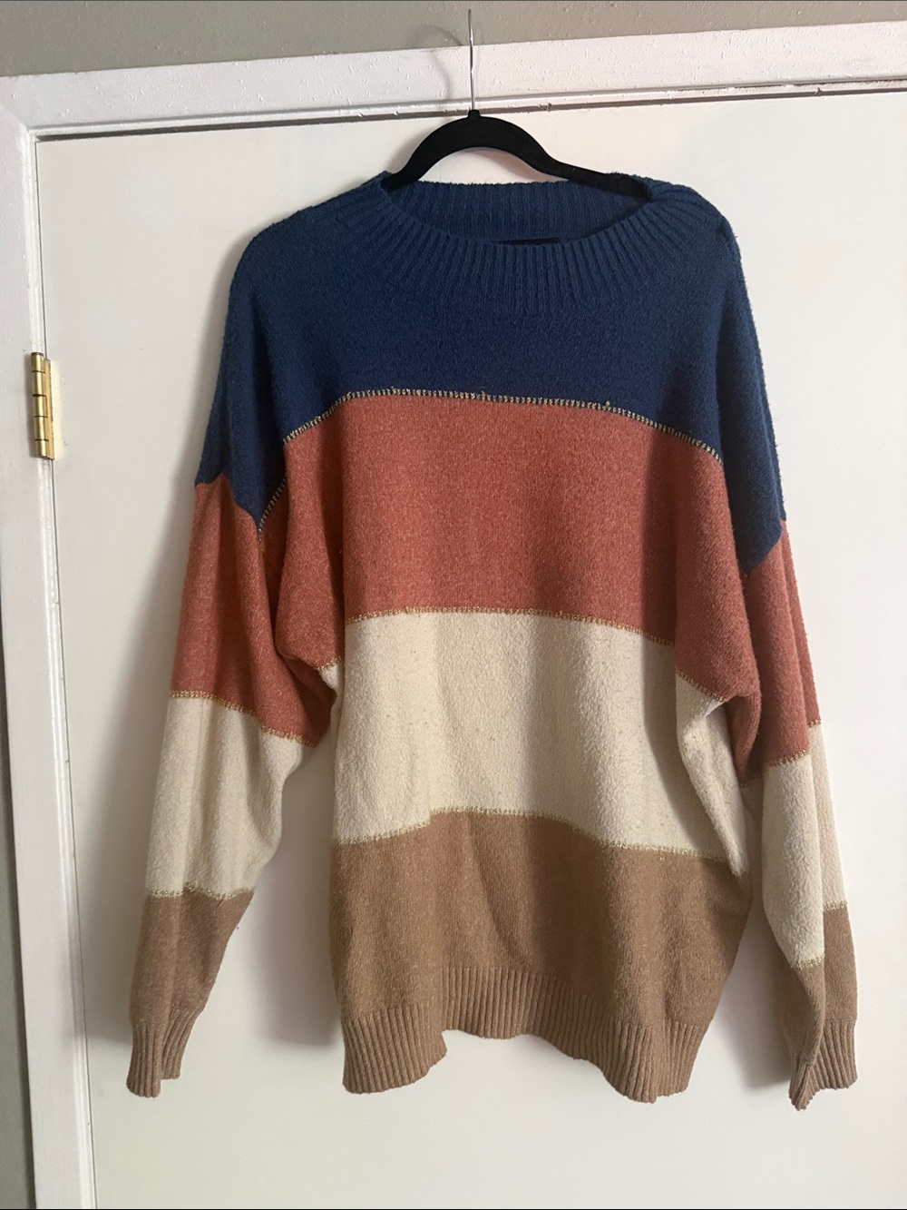 Halston Heritage Blue, Rust, Cream & Tan Colorblock Crewneck Sweater